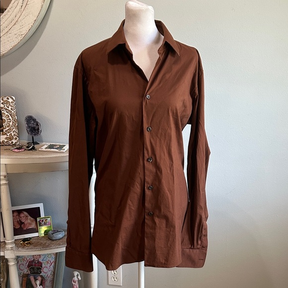 Prada] Rich Brown Button Down Dress Shirt - Size 39/15.5 - Picture 1 of 6
